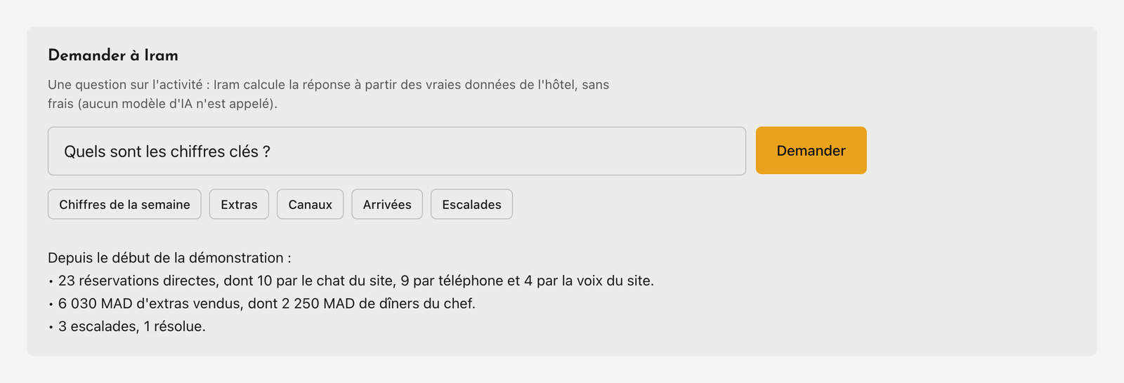 Console de l'hôtel, écran Demander à Iram